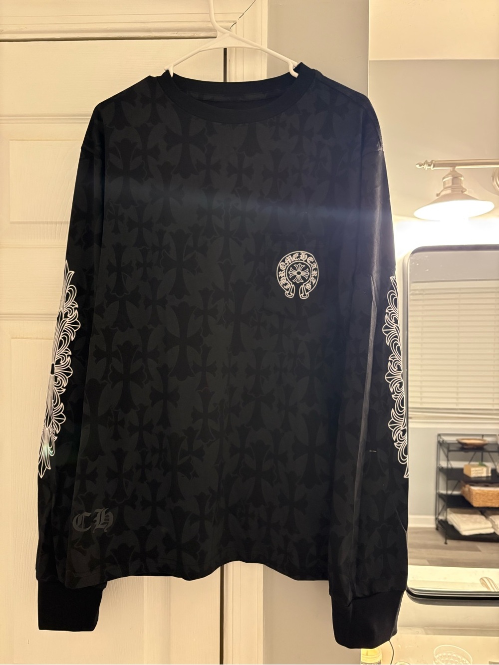 Chrome Hearts Black Long Sleeve Tee with White Sleeve Motifs